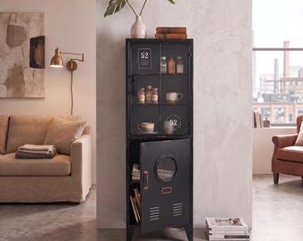 Industrial Black Metal And Glass Tall Display Cabinet | Hallway Livingroom Storage | Locker Style Cupboard 139cm