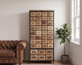 Boho Industrial Rustic Black Metal And Solid Fir Wood Cabinet | Fake Apothecary Drawers | 3 Hidden Door Tall Cabinet 133cm
