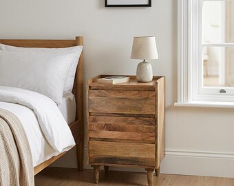 Boho Rustic Solid Light Mango Wood 3 Drawer Bedside Cabinet Table