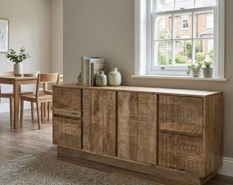 Boho Rustic Solid Light Mango Wood Carved Large Sideboard Cabinet 162cm