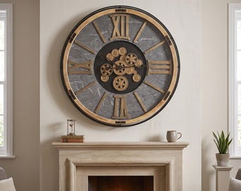 Giant Extra Large Unusual Industrial Black Metal And Wood Gold Moving Gears Wall Clock With Black Marble Effect Dial 112cm