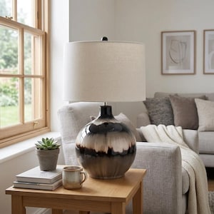 Large Brown Hand Dipped Ceramic Occasional Table Lamp With Natural Linen Shade