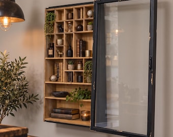 Boho Rustic Angled Solid Distressed Black Fir Wood And Sliding Glass Door Multi Compartment Printers Tray Wall Display Cabinet Wall Shelf