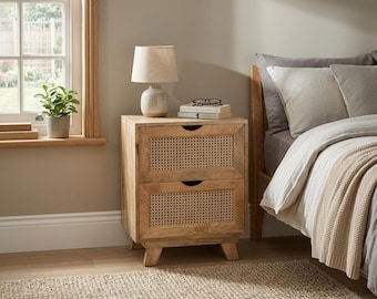 Boho Rustic Solid Light Mango Wood And Rattan 2 Drawer Bedside Cabinet Side Table