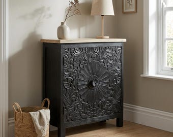 Boho 2 Door Solid Black Carved Mandala Mango Wood Small Sideboard Cabinet 82cm