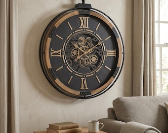 Large Industrial Unusual Wood And Black Metal Wall Clock With Gold Moving Gears 88cm