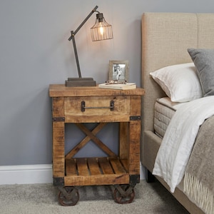 Industrial Rustic Solid Mango Wood 1 Drawer Bedside Cabinet Table With Wheels
