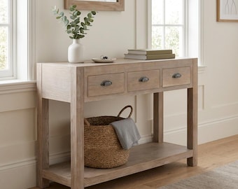 Haldon Rustic Country Farmhouse 3 Drawer Pine Console Table 120cm