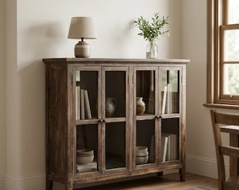 Rustic Reclaimed Fir Wooden Sideboard Cabinet with Glass Doors – Slim Farmhouse Storage Cupboard – Narrow Hallway Console Unit – 102cm