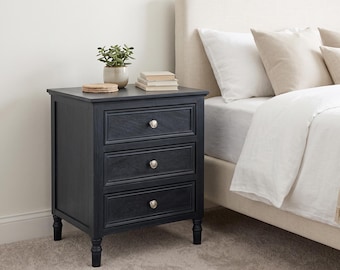 Contour Black 3 Drawer Bedside Table | Farmhouse Wooden Nightstand | Black Bedside Cabinet with Turned Legs | Bedroom Storage