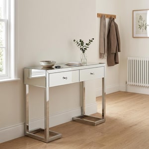 Mirrored Glass 2 Drawer Console Dressing Table With Silver Chrome Metal Legs