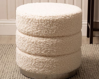 Neutral Cream Boucle Teddy Chrome Metal Round Footstool Dressing Stool