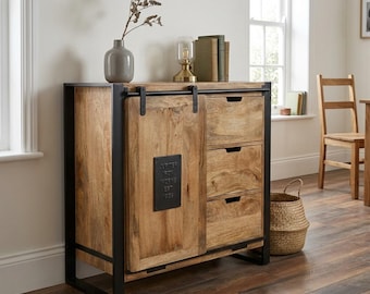 Industrial Rustic Solid Light Mango Wood And Black Metal 3 Drawer 1 Sliding Door Small Sideboard Cabinet 90cm