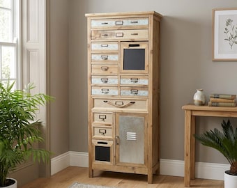 Industrial Boho Solid Fir Wood Multi Drawer Apothecary Tall Cabinet 131cm | Rustic Storage Cupboard | Vintage Style Furniture