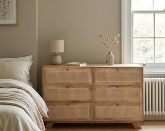 Boho Rustic Solid Light Mango Wood & Rattan Cane Large 6 Drawer Chest Of Drawers 150cm