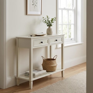 Belmont White Wood Medium 2 Drawer Narrow Slim Thin Console Table Hallway Table 90cm