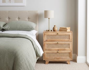 Boho Rustic Solid Light Mango Wood And Rattan 3 Drawer Tall Bedside Cabinet Side Table
