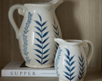 Blue Floral Ceramic Jug Vase | Rustic Farmhouse Pitcher Vase | Cottagecore Home Decor