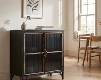 Industrial Black And Antique Gold Metal Ribbed Glass 2 Door Sideboard Cabinet 80cm