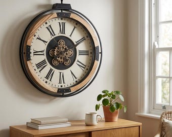 Large Industrial Unusual Wood and Black Metal Gold Moving Gears