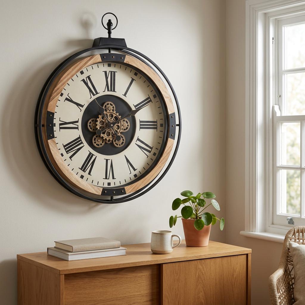Large Industrial Unusual Wood and Black Metal Gold Moving Gears