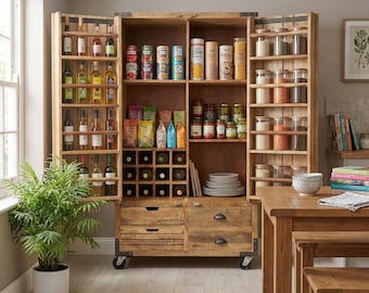 Industrial Rustic Large Solid Mango Wood 2 Door Kitchen Larder Cabinet 180cm