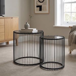 Black Mirrored Nesting Tables: Round Wire Frame End Tables - Set of 2