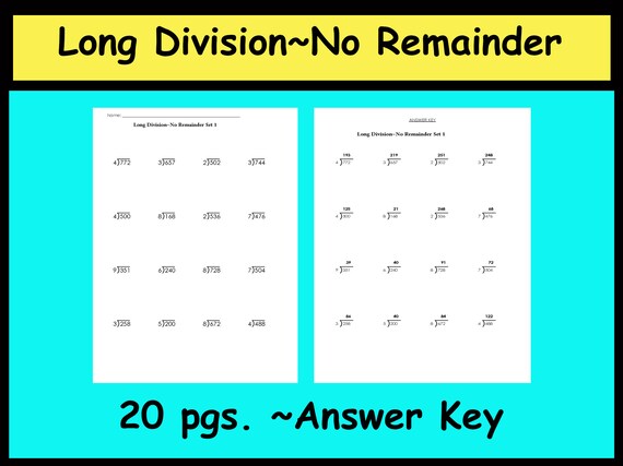 long division with no remainder worksheets answer key etsy