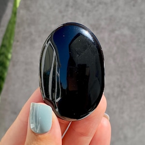 Gothic Black Obsidian Palm Stone (B) | Mirror Polish Black Obsidian Palmstone | Small Black Volcanic Glass Palm | Root Chakra Crystal