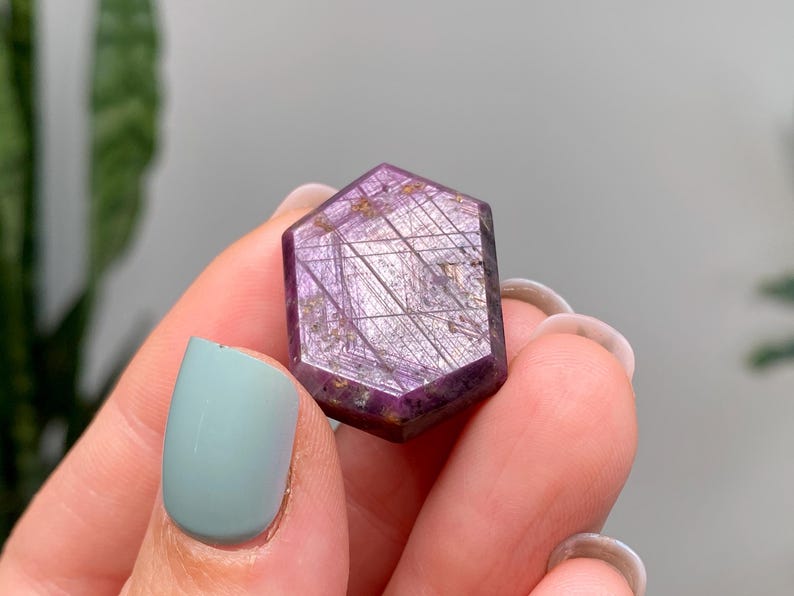 May include: A hexagonal gemstone with a deep purple colour and internal linear patterns. The stone has a polished surface. The background is blurred, with hints of green foliage. The stone appears to be held by a person.