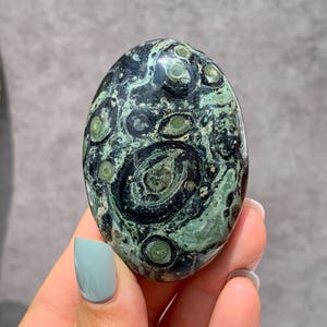 Earthy Kambaba Jasper Palmstone (B) | Kambaba Jasper Palm Stone Carving | Green Kabamba Jasper | Stromatolite | Heart & Root Chakra Crystal