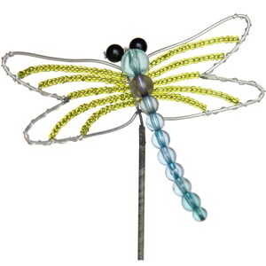 May include: A wire dragonfly sculpture with green and blue beads. The dragonfly has a long, thin body and delicate wings.