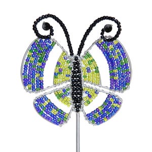 May include: A beaded butterfly with blue, green, and yellow beads on a silver wire frame. The butterfly has black bead accents on the wings and a silver wire stem.
