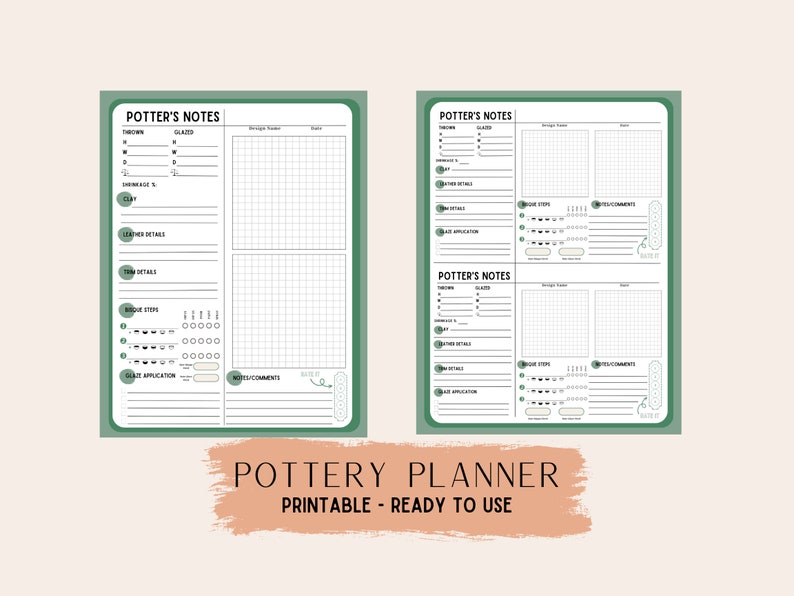 Pottery Planner BUNDLE - 4 in 1 - Cover Page, Kiln Log, Potter's Notes 1 &amp; 2 - Print at Home ...
