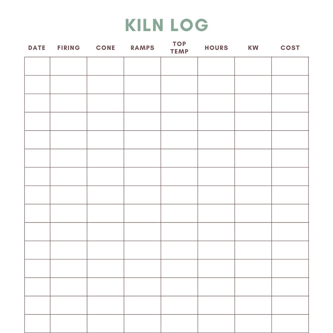 Kiln Log Printable Digital Template Pottery Journal Etsy