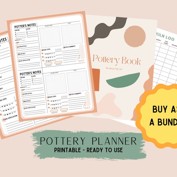 Pottery Planner BUNDLE - 4 in 1 - Cover Page, Kiln Log, Potter's Notes 1 & 2 - Print at Home - Digital Product