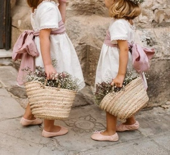 Flower girl basket set of 2, Personalized straw basket rustic for wedding guest