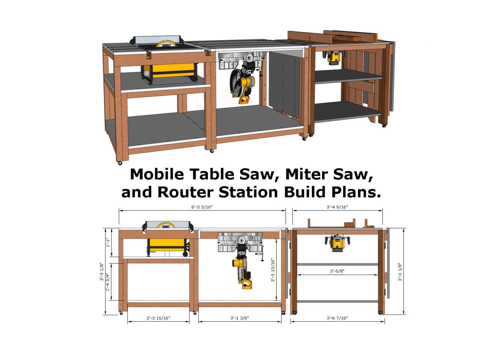 Mobile Miter Saw, Router and Table Saw Workbench Plans, DIY Woodworking ...