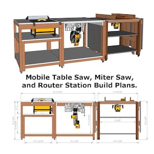 May include: Diagram of a mobile woodworking station with a table saw, miter saw, and router. The station is made of wood and has wheels for easy mobility. The diagram includes measurements in inches.