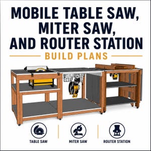 May include: A digital illustration of a mobile table saw, miter saw, and router station with the text "MOBILE TABLE SAW, MITER SAW, AND ROUTER STATION BUILD PLANS". The wooden workbench features integrated power tools, lower shelves, and caster wheels.