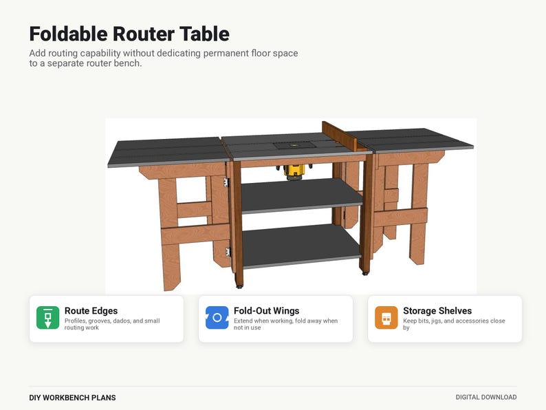 May include: A foldable router table with a central work surface, a yellow router motor, and two fold-out side wings supported by brown wooden legs. The unit includes two storage shelves and a fence. Text includes Foldable Router Table.