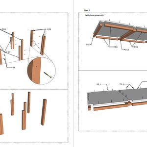May include: A two-page instructional diagram for furniture assembly. Step 1 shows table leg assembly with wooden posts, screws labeled D4, D7, and T1. Step 2 illustrates table base assembly with panels labeled D1, D2, D6, D12, S1, S3, and T2.