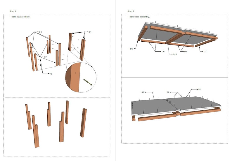 May include: A two-page instructional diagram for furniture assembly. Step 1 shows table leg assembly with wooden posts, screws labeled D4, D7, and T1. Step 2 illustrates table base assembly with panels labeled D1, D2, D6, D12, S1, S3, and T2.