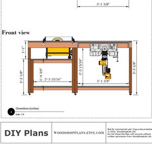 May include: A technical front view drawing of a wooden workbench with integrated power tools, including a table saw and miter saw. The diagram displays various imperial measurements in feet and inches, labeled as DIY Plans, woodshopplans.etsy.com.