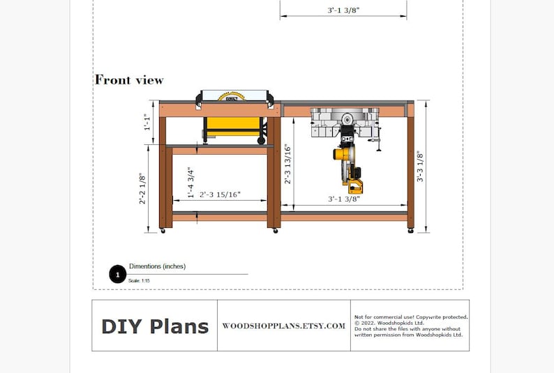 May include: A technical front view drawing of a wooden workbench with integrated power tools, including a table saw and miter saw. The diagram displays various imperial measurements in feet and inches, labeled as DIY Plans, woodshopplans.etsy.com.