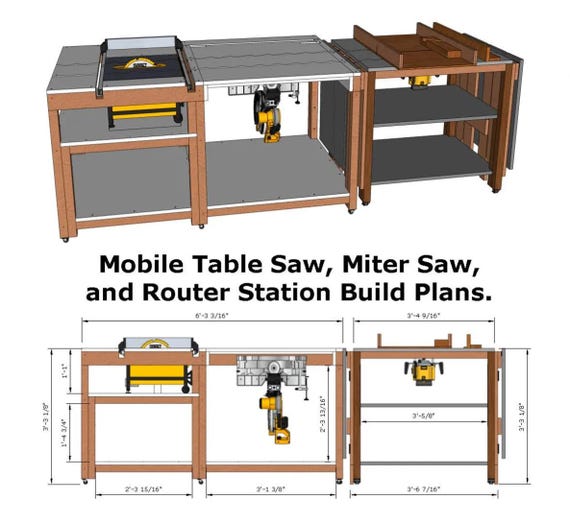 Mobile Miter Saw, Router and Table Saw Workbench Plans, DIY Woodworking Blueprints