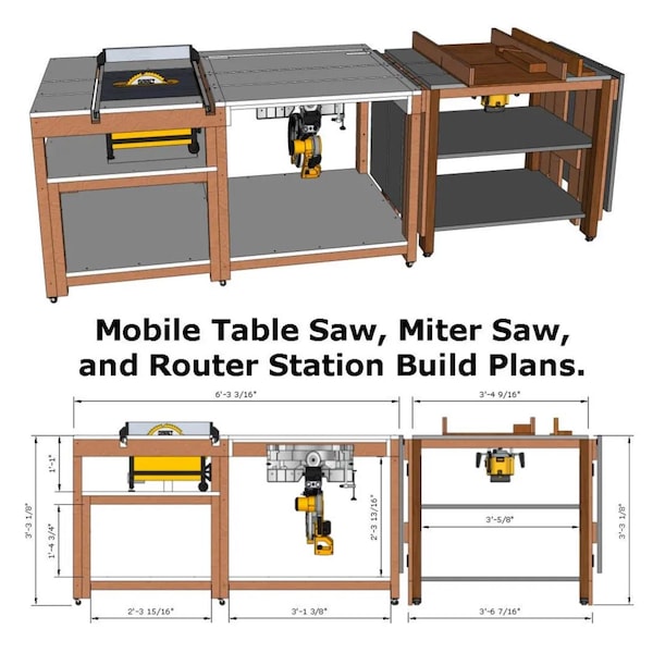 Mobile Miter Saw, Router and Table Saw Workbench Plans, DIY Woodworking Blueprints