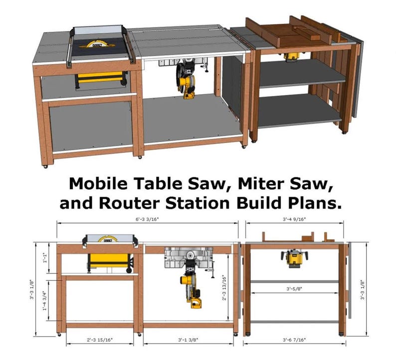 May include: Mobile Table Saw, Miter Saw, and Router Station Build Plans. A 3D rendering and technical drawing of a wooden workshop workbench with integrated power tools, including dimensions in feet and inches for construction reference.