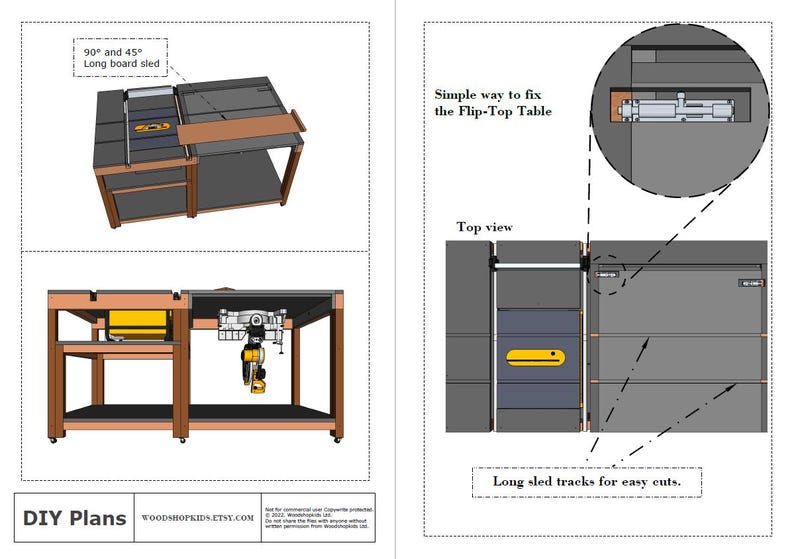 May include: Digital DIY plans for a flip-top workbench with a table saw and miter saw. Includes diagrams for a 90 and 45 degree long board sled, top view layouts, and a detailed mechanism for the flip-top table. Text includes DIY Plans.