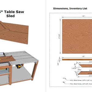 May include: A 45-degree table saw sled with a wooden base and fence, shown with a diagram of dimensions and an inventory list. The main board measures 22 inches by 17-3/4 inches, with additional wood pieces and screws listed for assembly.